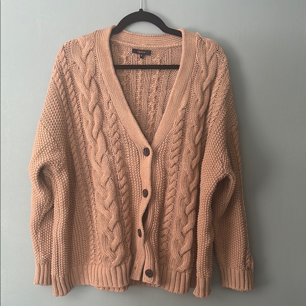Quince Women's Oversized Cable Cardigan Sweater in Organic Cotton Camel